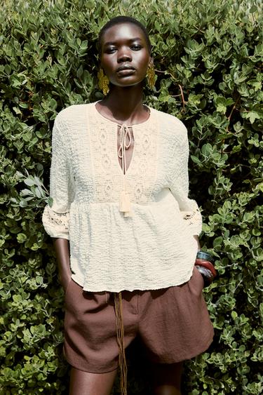 CROCHET COMBINED BLOUSE - Light beige by Zara - Image 4