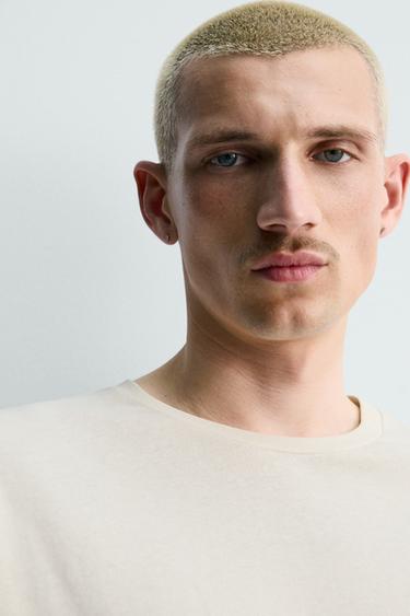 REGULAR FIT COTTON BLEND T-SHIRT - Light beige by Zara