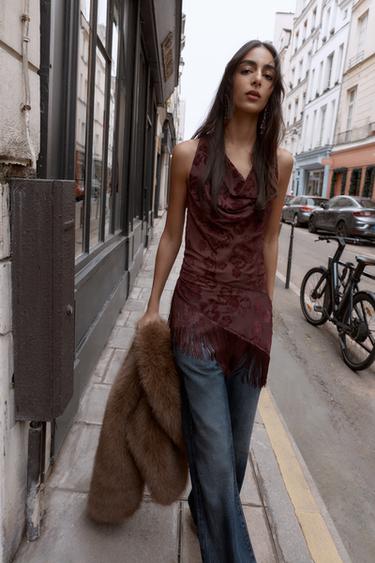 Zara ASYMMETRIC FRINGED BURN-OUT TOP - Burgundy