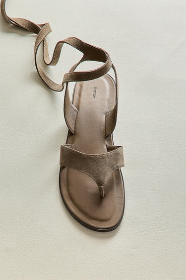 LEATHER SANDALS WITH ANKLE STRAPS - Brown by Zara