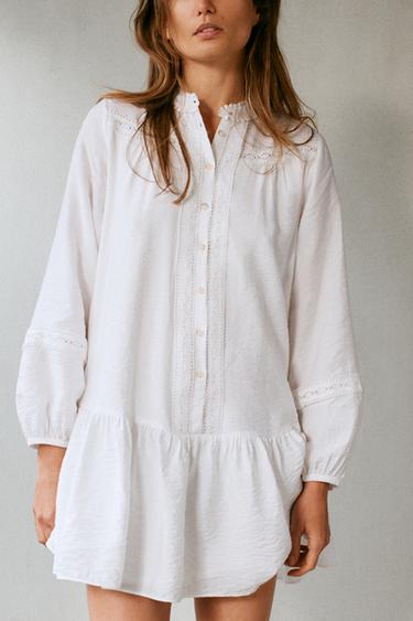 Zara PINTUCK MINI DRESS - Ecru