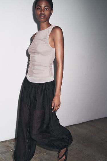 Zara DOUBLE TULLE EFFECT T-SHIRT - Brown / Taupe