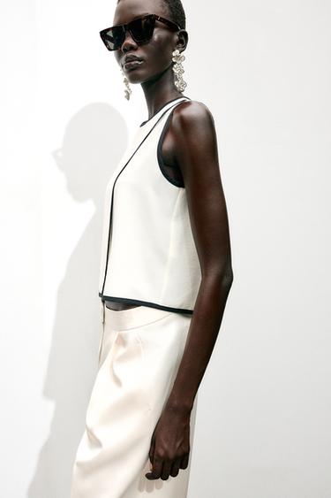CONTRAST PIPED CREPE TOP - Ecru / Black by Zara - Image 2