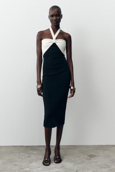 STRETCH MIDI DRESS WITH TIE - Black / White by Zara - Image 0