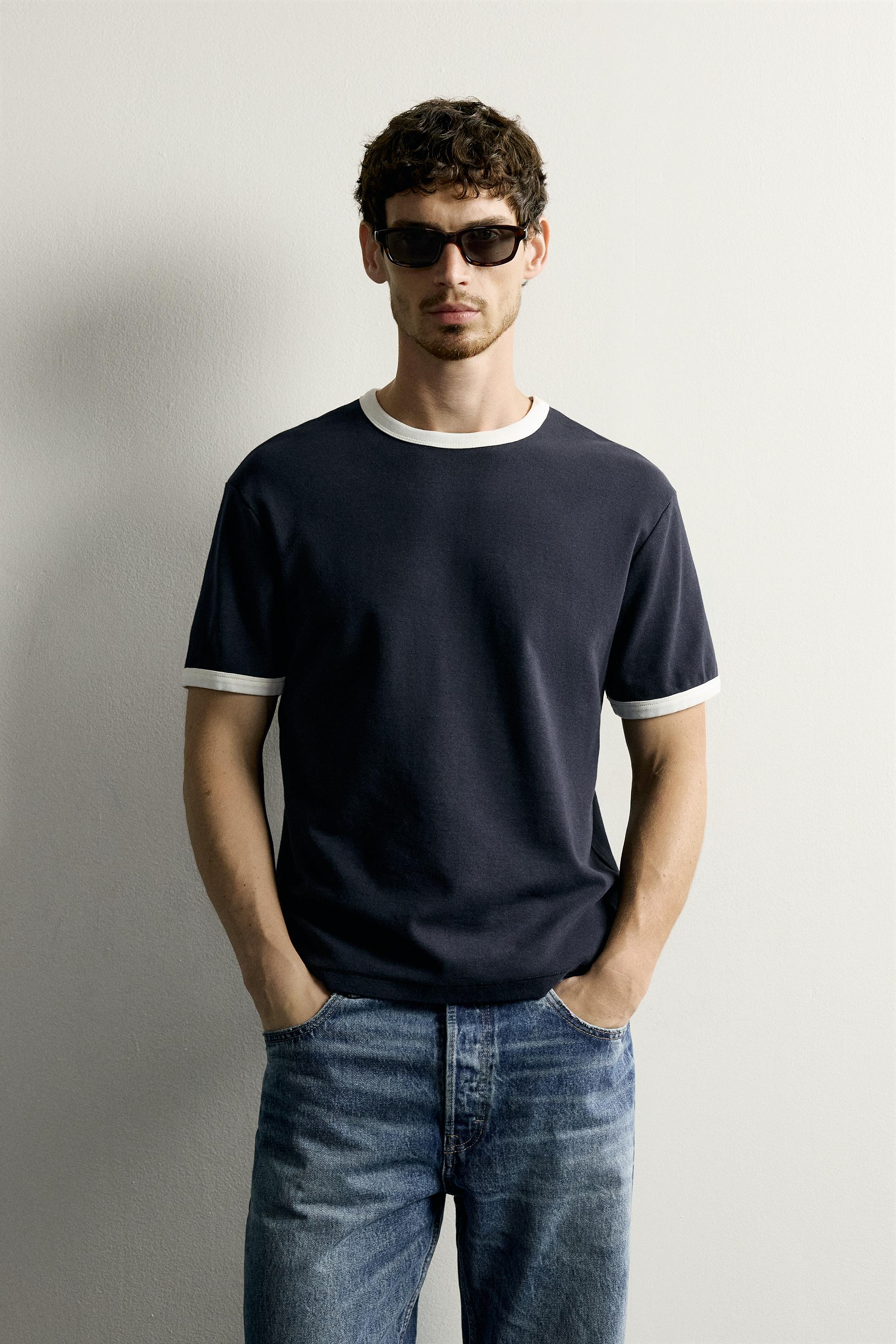 RINGER BASIC CONTRAST RIB T-SHIRT — Navy blue