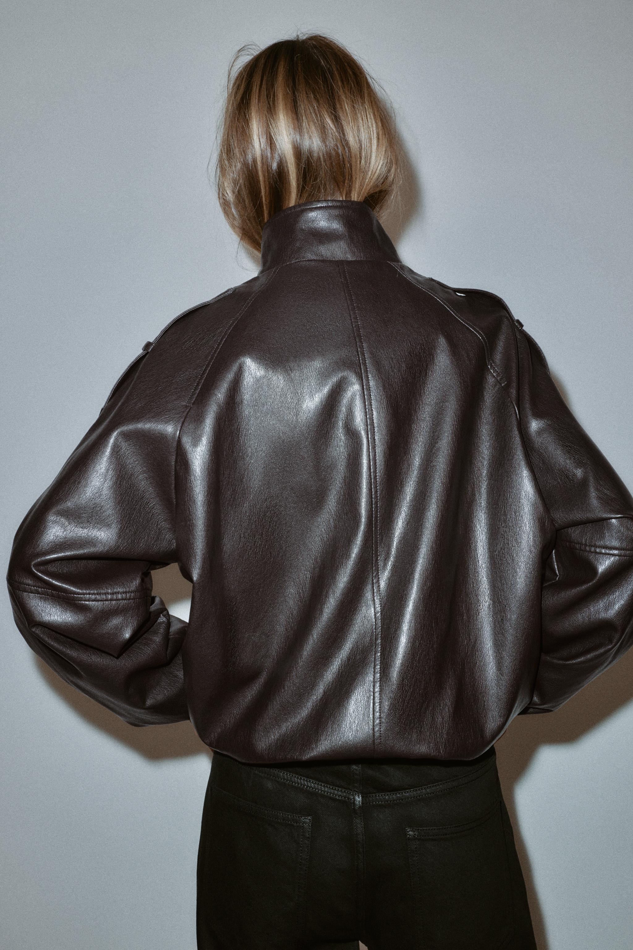 フェイクレザー ハイネックジャケット - ダークブラウン | ZARA Japan