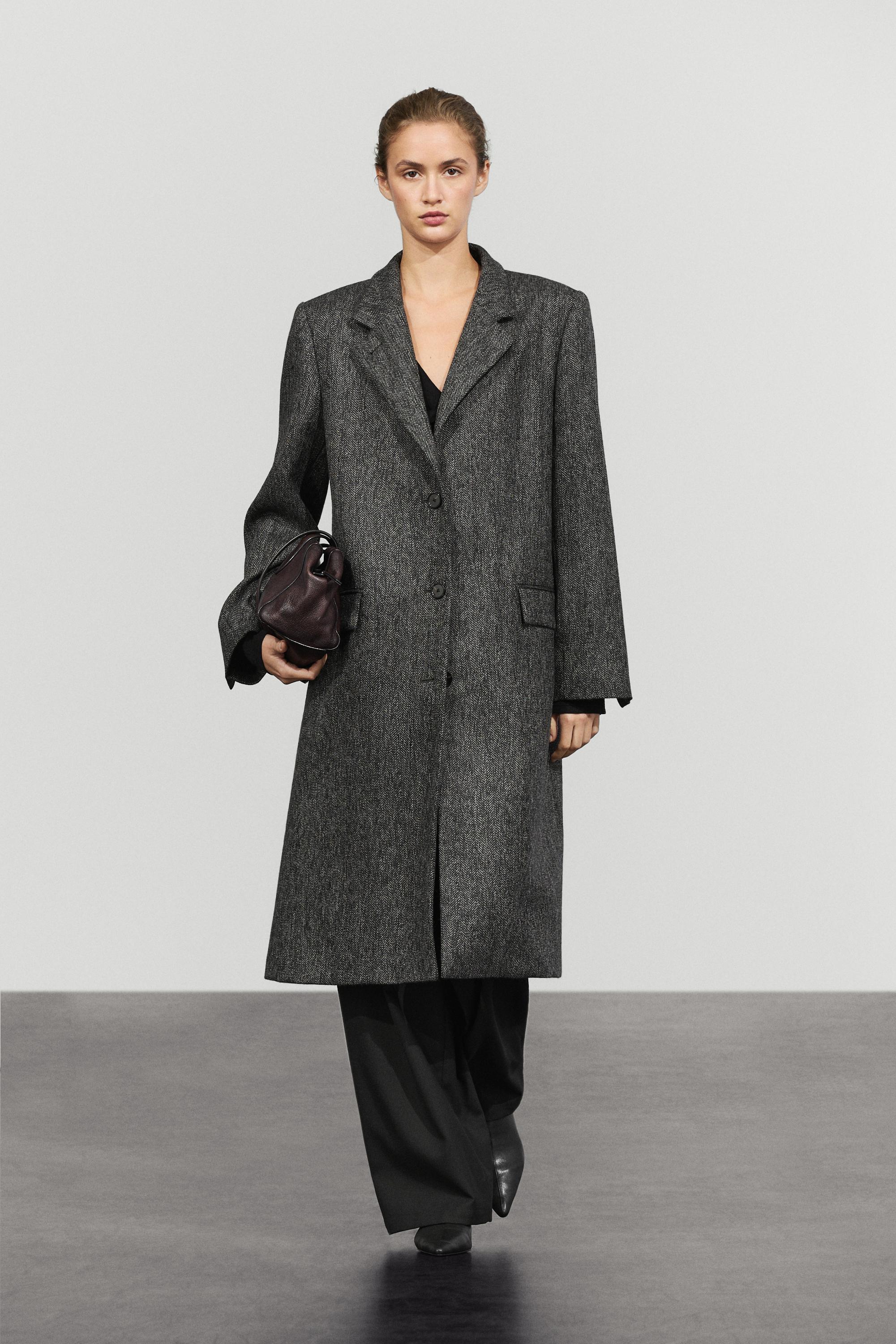 Manteau long en mélange de laine motif chevrons