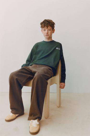 Zara EMBROIDERED TEXT HEAVY WEIGHT T-SHIRT - Bottle green