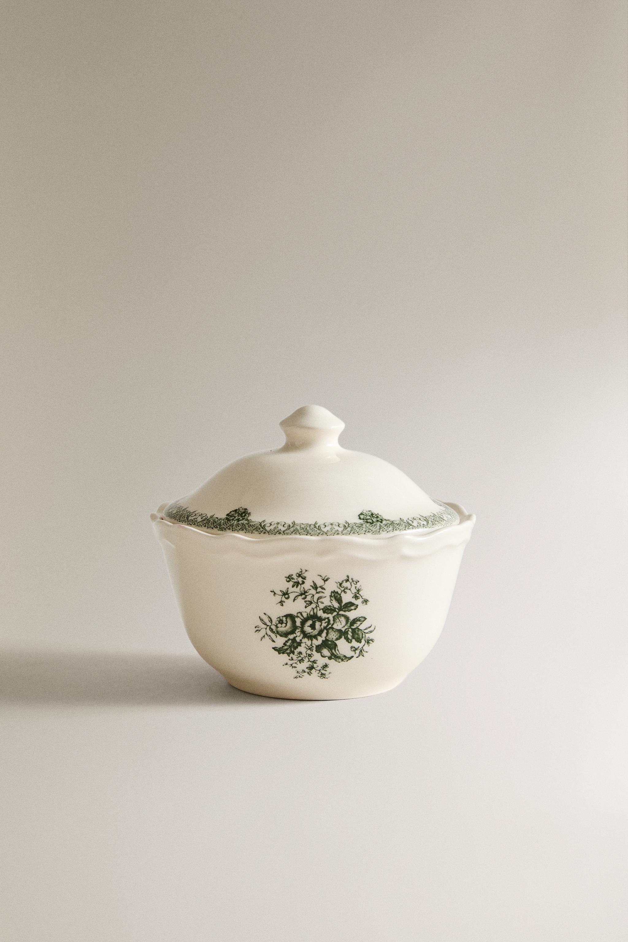 FLORAL EARTHENWARE SUGAR BOWL — Dark olive
