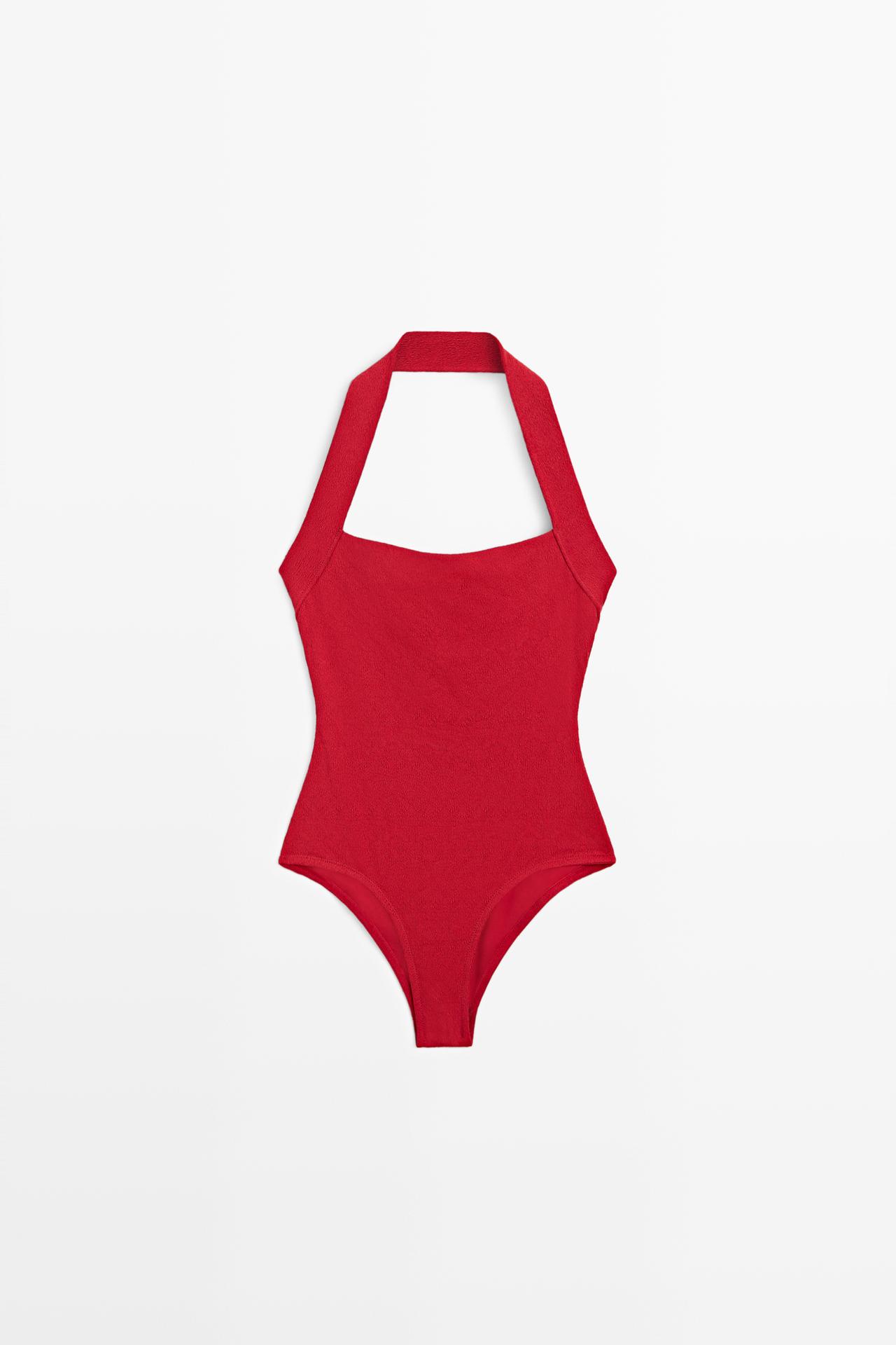 Textured halter swimsuit — Red