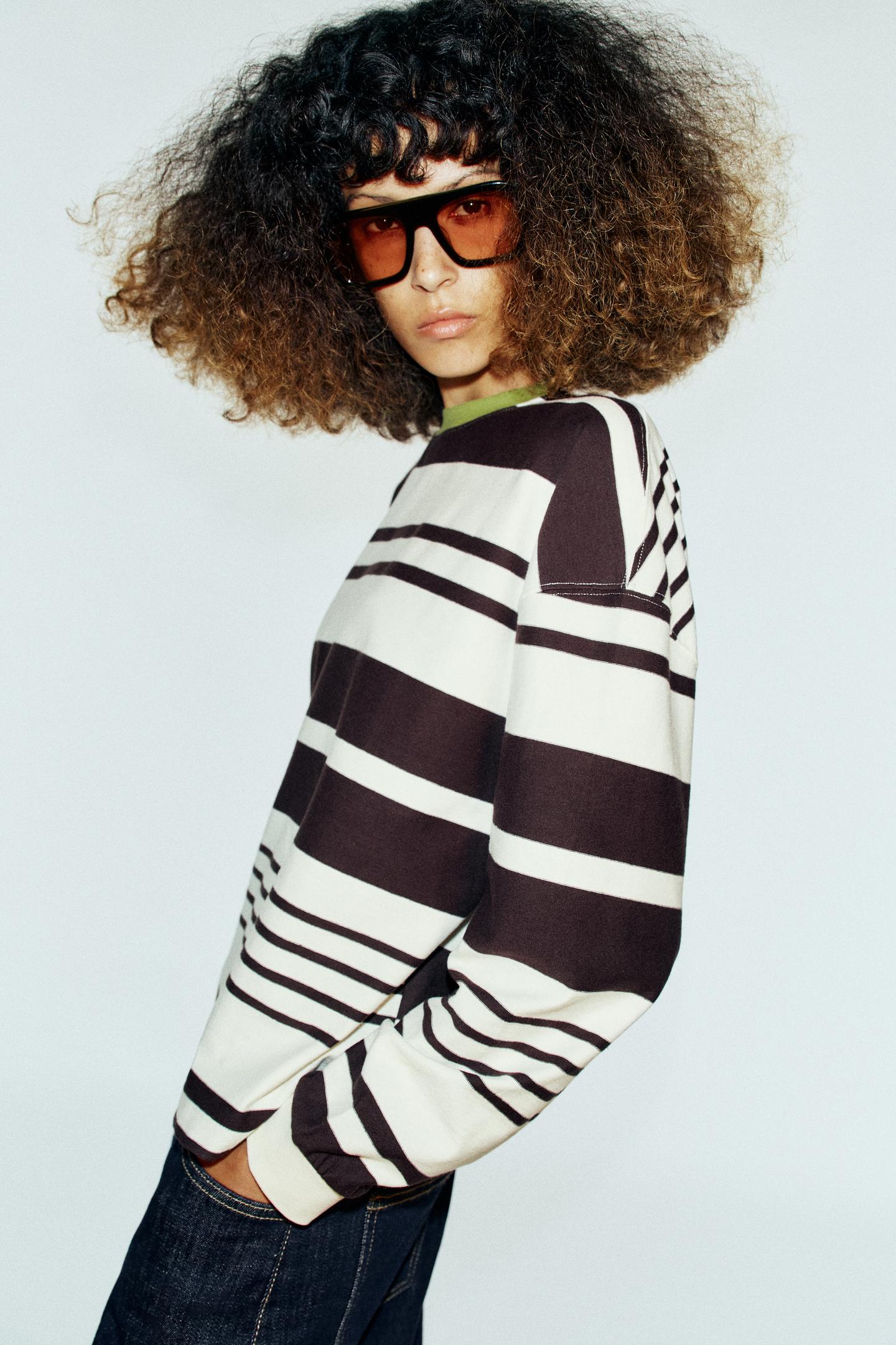 Футболка Zara Contrast-Neck Striped, цвет: Коричневый / Белый — фото 5