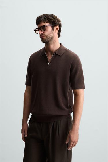 Zara PURL KNIT ZIPPER POLO SHIRT - Chocolate