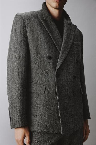 HERRINGBONE TEXTURED WOOL SUIT BLAZER - Grey by Zara - Image 4