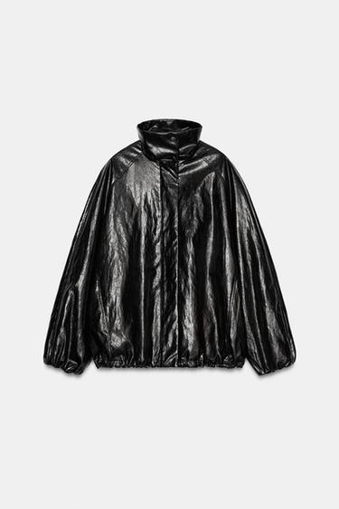 Zara ZW COLLECTION 亮面飛行員外套 - 黑色