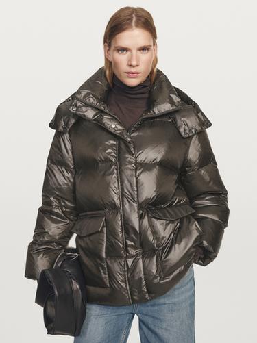 Zara Short water-repellent puffer jacket with hood - Bottle green