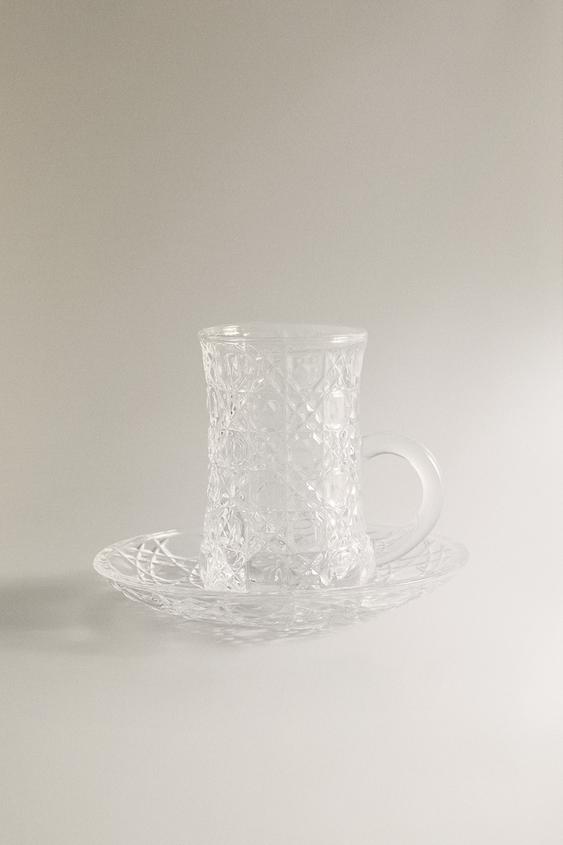 RAISED DESIGN GLASS MUG AND SAUCER - Transparent by Zara - Image 0