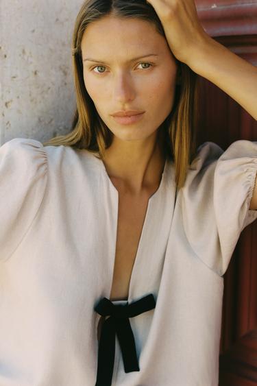 Zara LINEN TIE BLOUSE - Light beige