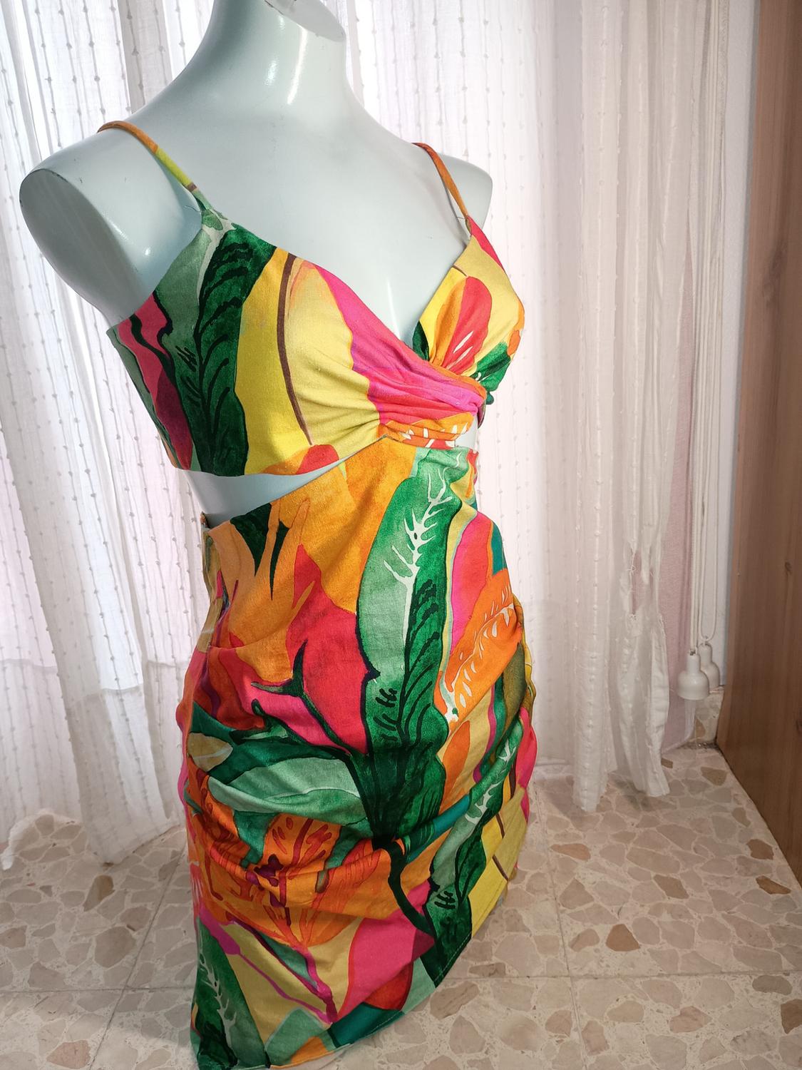LINEN BLEND TROPICAL PRINT MINI DRESS - Image 2