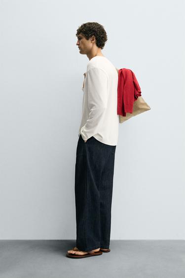 BUTTON-NECK GRID T-SHIRT - Oyster-white by Zara - Image 3