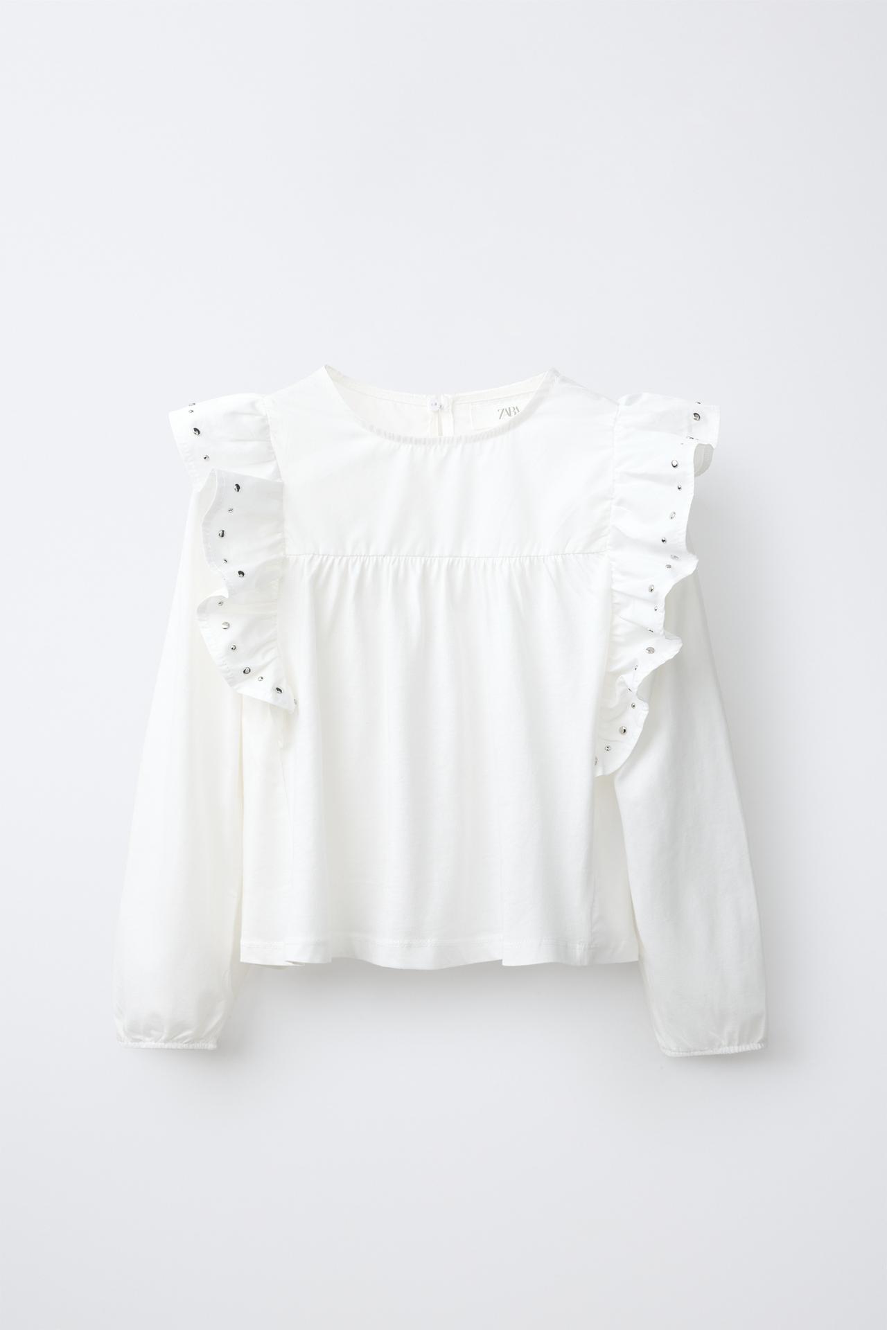 STUDDED RUFFLE T-SHIRT — Ecru