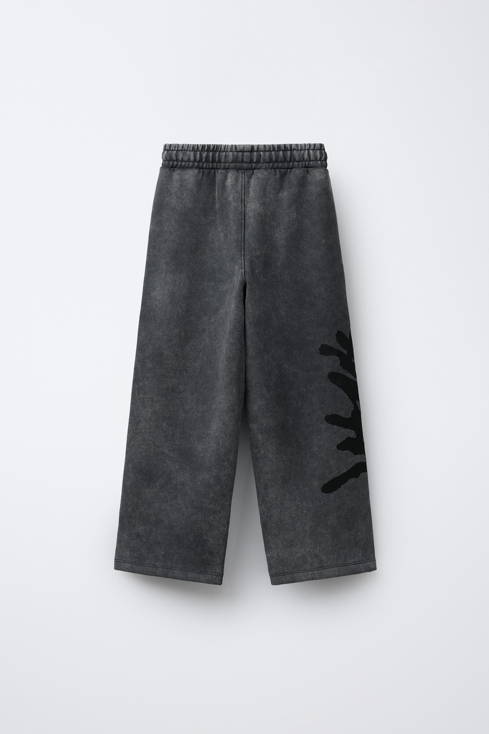 GRAFFITI WASHED EFFECT WIDE LEG PLUSH PANTS - Dark anthracite