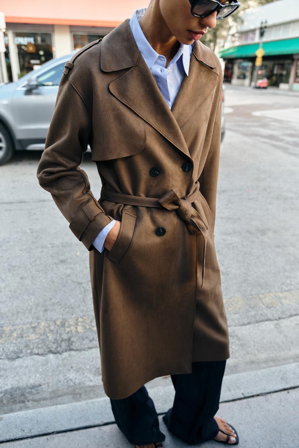 LONG SUEDE EFFECT BELTED TRENCH COAT - image 2