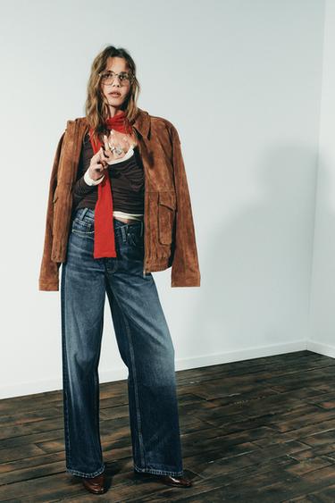 Zara TRF TRAPERICE ŠIROKIH NOGAVICA S PREKLOPLJENIM STRUKOM I VISOKIM STRUKOM – mornarsko plava