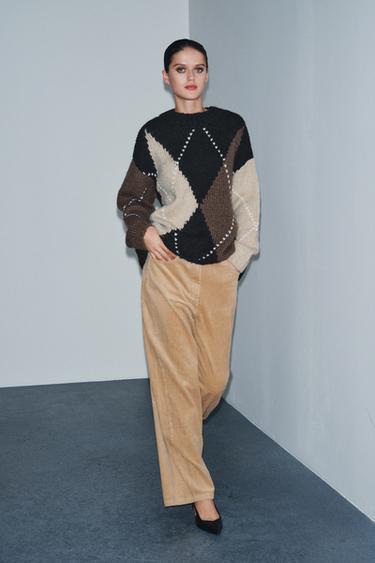 DIAMOND KNIT JUMPER - Black / Ecru by Zara