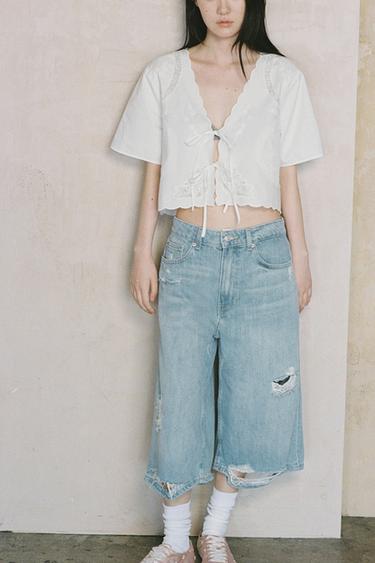 Zara TRF 破損感低腰百慕達牛仔短褲 - 藍色