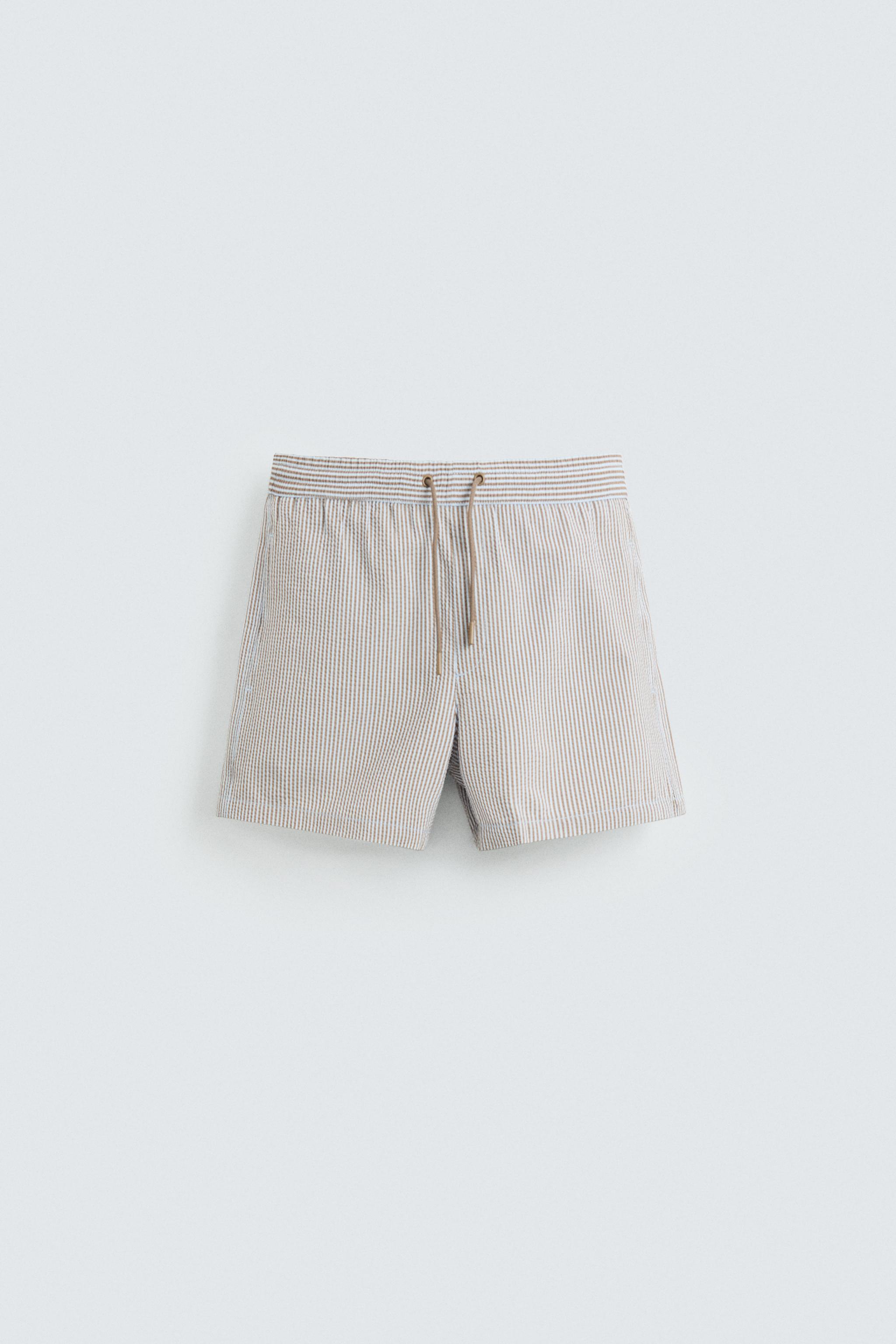 SEERSUCKER MID-LENGTH SWIMMING TRUNKS Brown-Blue ZARA Ireland