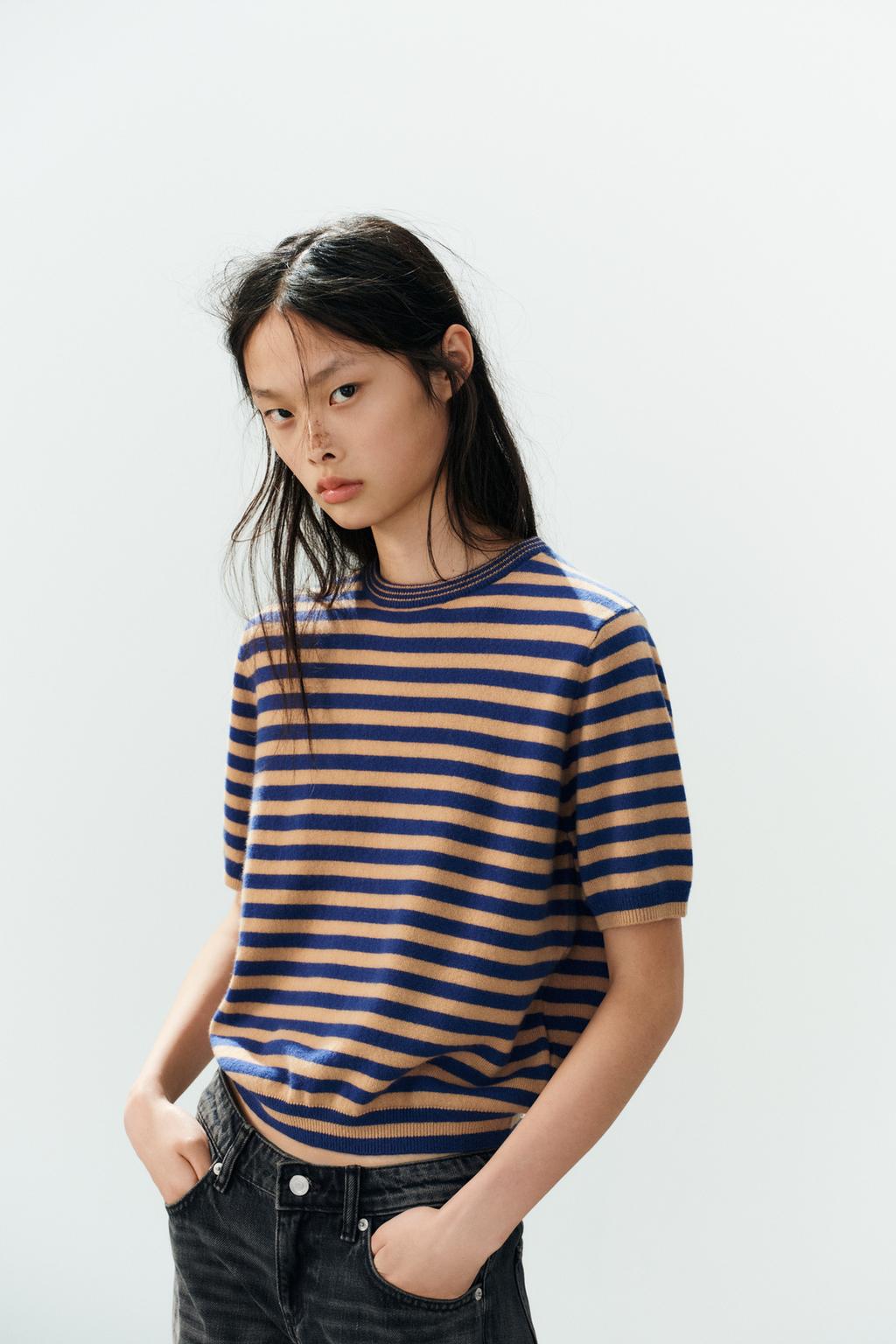 STRIPED SHORT SLEEVE 100% WOOL JUMPER