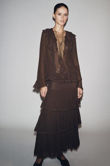 ЮБКА С ВОЛАНАМИ И БУСИНАМИ — ZW COLLECTION — КОРИЧНЕВЫЙ от Zara