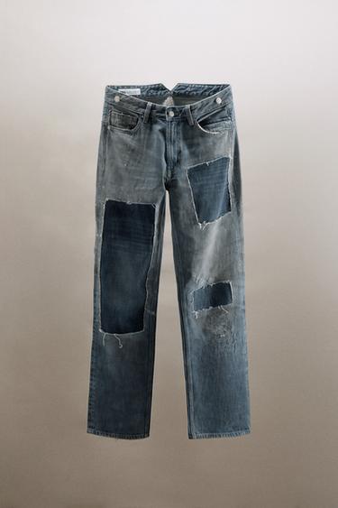 Zara TRF LOW-RISE RIPPED PATCH JEANS - Blue