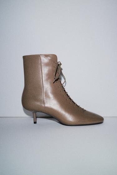 LEATHER LACE-UP ANKLE BOOTS - Taupe Grey by Zara