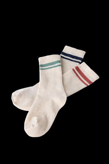 Zara THREE-PACK OF STRIPED LONG SOCKS - Beige marl