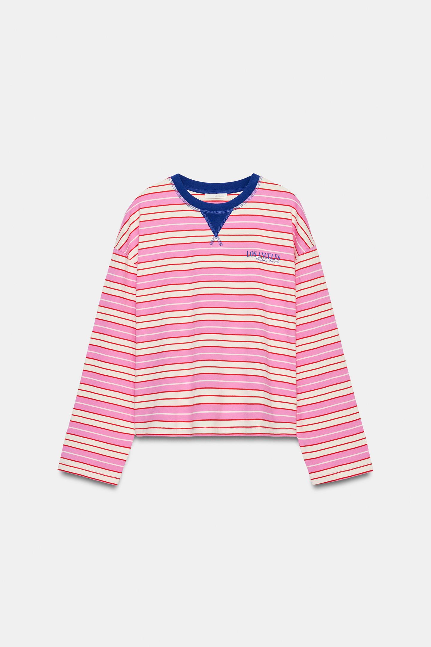 Женская футболка Zara Striped Text, цвет: Розовый / Белый — фото 6