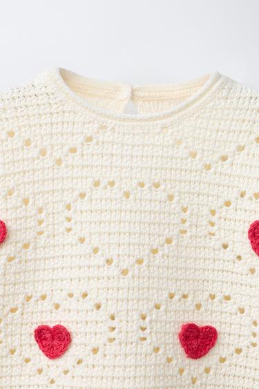 CROCHET KNIT JUMPER WITH HEARTS - Ecru by Zara - Image 2
