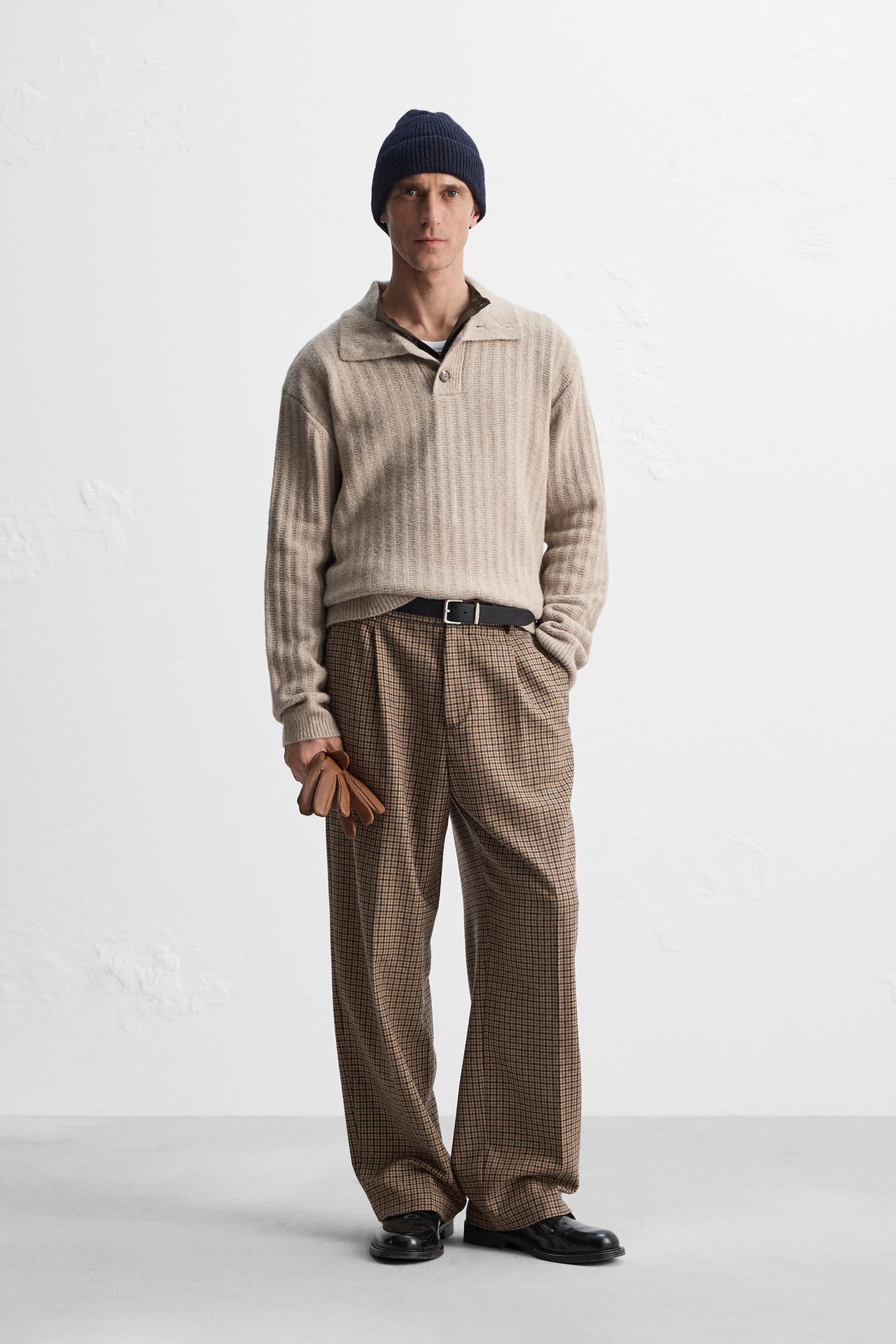 CHECK TROUSERS WITH PLEATS - camel by Zara