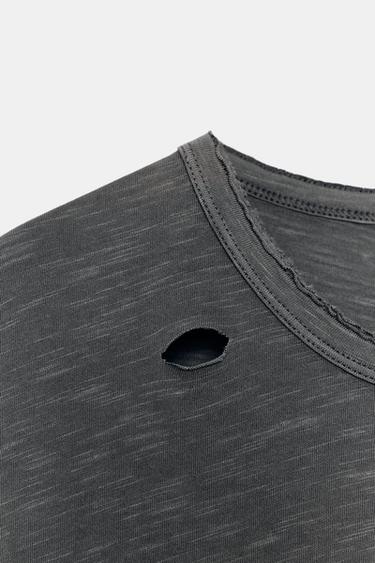 OVERSIZE RIPPED SLOGAN T-SHIRT - Charcoal by Zara - Image 8