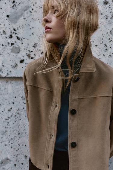 Zara 100% LEATHER SHIRT COLLAR JACKET - Beige