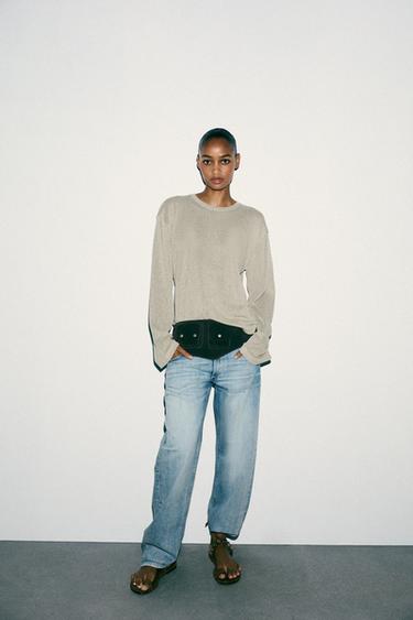 Zara CUT OUT KNIT TOP - Light khaki