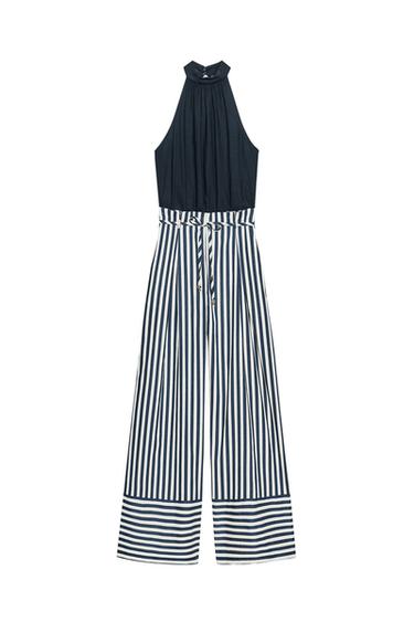 LINEN BLEND LONG JUMPSUIT - Blue/White by Zara - Image 0