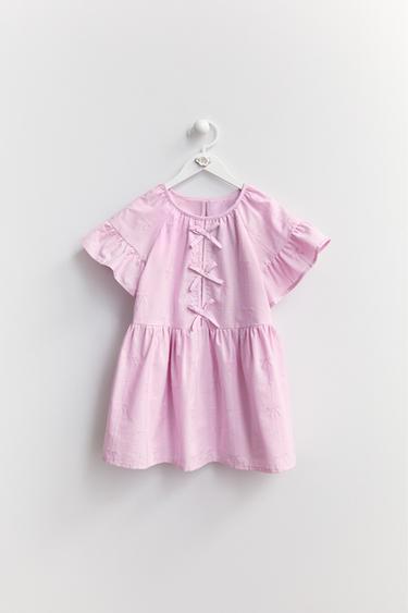 Zara EMBROIDERED BOW POPLIN DRESS - Pink / Lilac