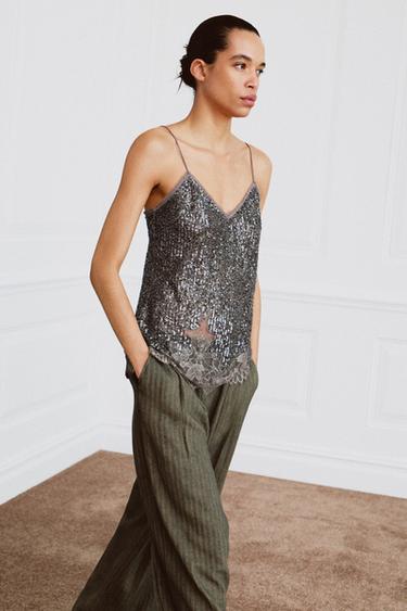 Zara ZW COLLECTION SEQUIN CAMISOLE - Dark silver