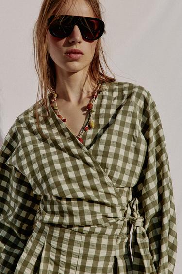 Zara GINGHAM TIE JACKET - Mid-green