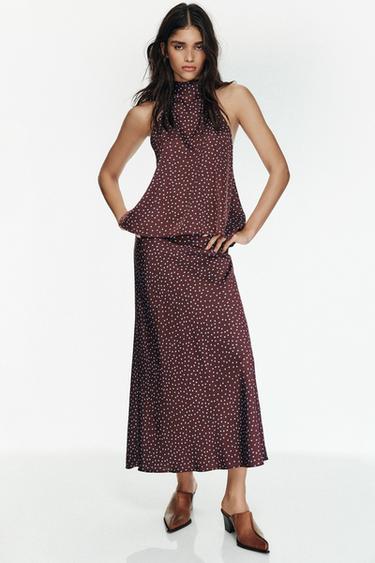 Zara POLKA DOT MIDI SKIRT - Brown-Blue