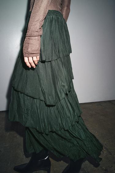 Zara RUFFLED MIDI SKIRT ZW COLLECTION - Dark green