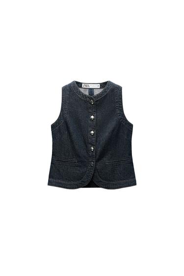 Front view of a navy blue waistcoat with button fastening and front pockets.