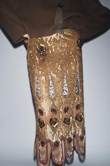 Zara ZW COLLECTION LIMITED EDITION EMBROIDERED SKIRT - Gold