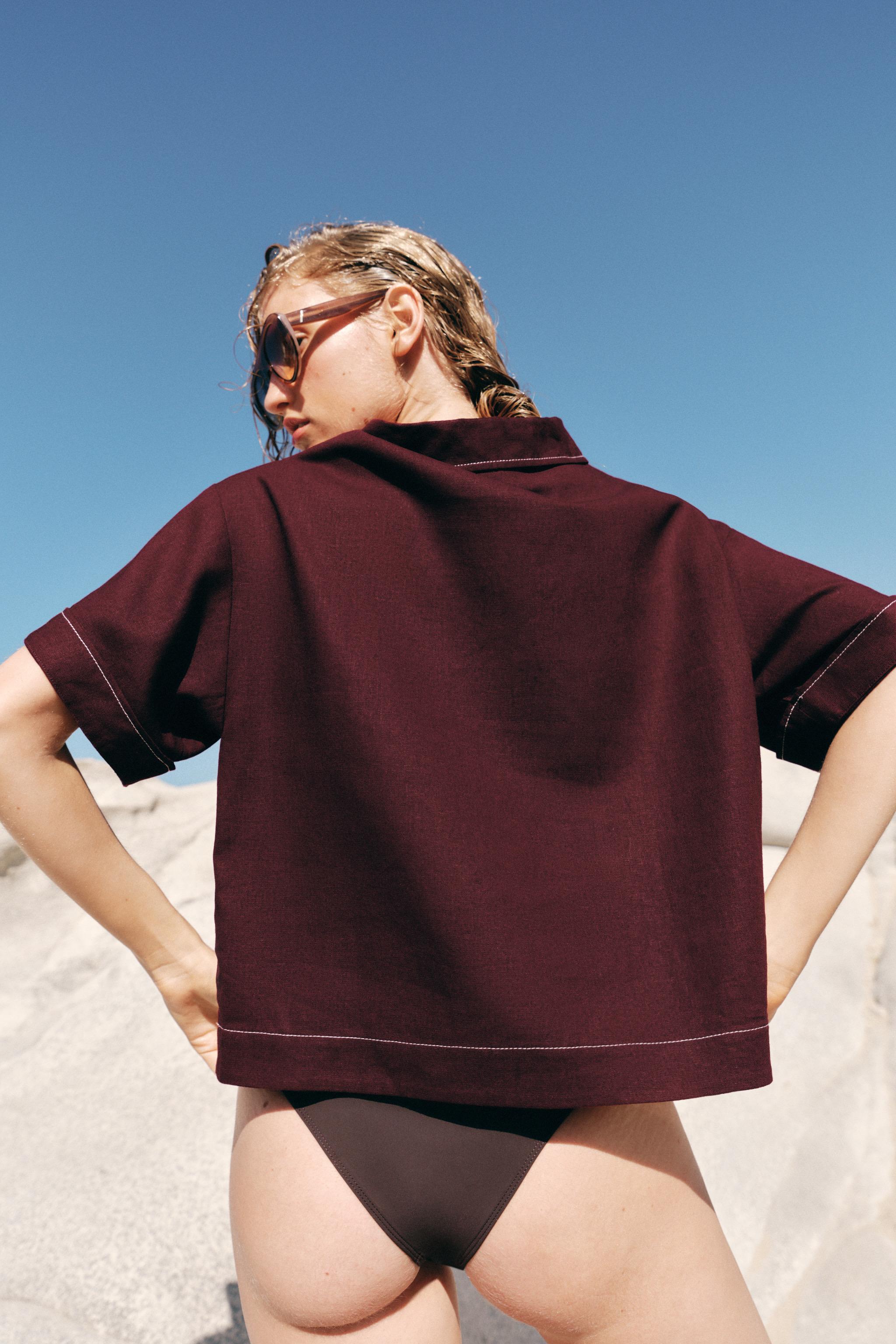 LINEN TOP WITH CONTRAST PIPING